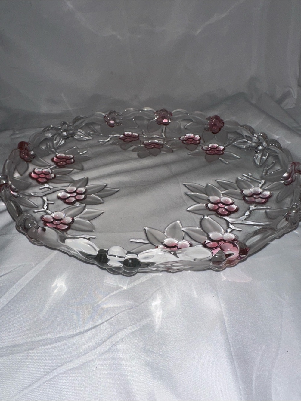 Pink Floral Clear Glass 11.5” Serving Platter Raised Flowers
